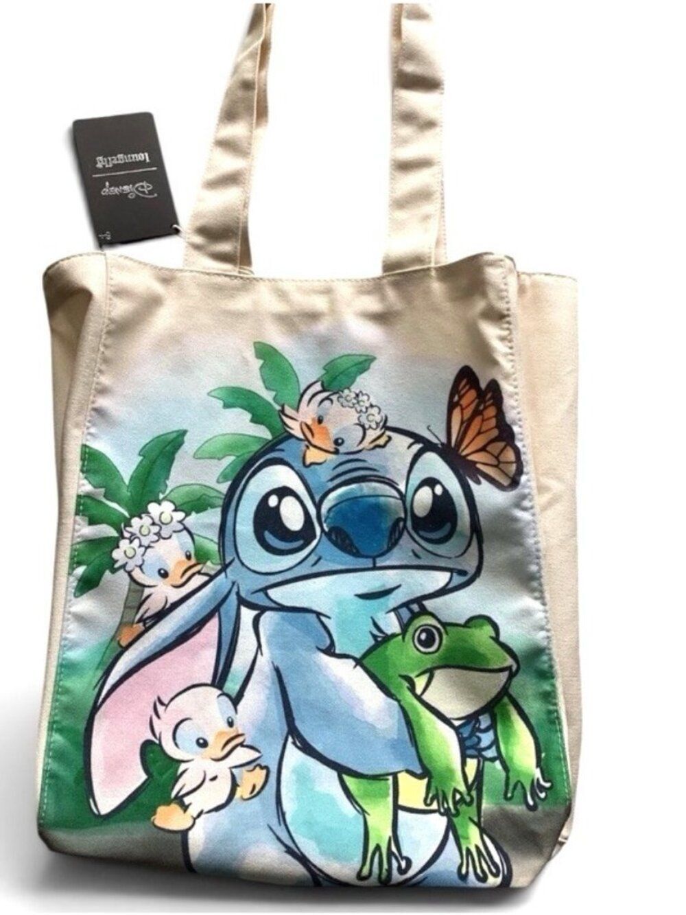 Loungefly Disney Stitch Springtime Daisy Canvas Tote Bag Frog Butterfly Duck NWT